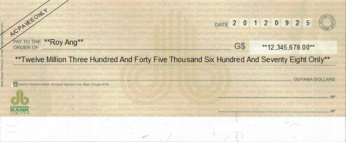 Printed Cheque of Demerara Bank in Guyana Printed Cheque of Demerara Bank in Guyana