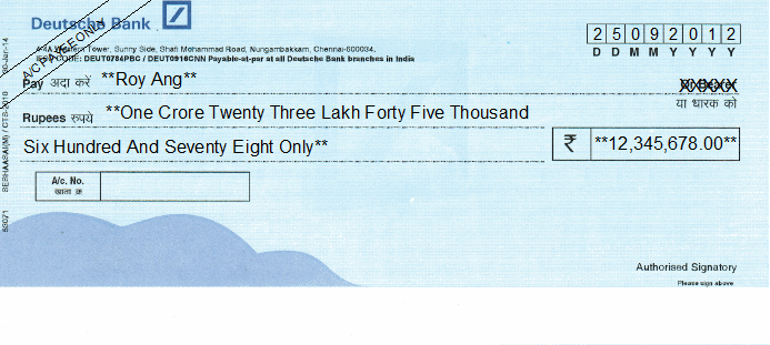 Printed Cheque of Deutsche Bank India Printed Cheque of Deutsche Bank India