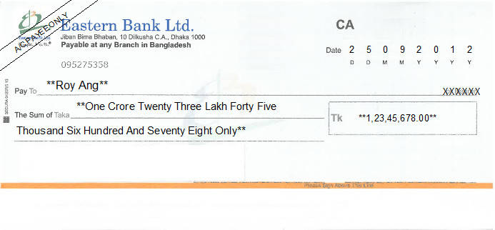 Printed Cheque of Eastern Bank in Bangladesh Printed Cheque of Eastern Bank in Bangladesh