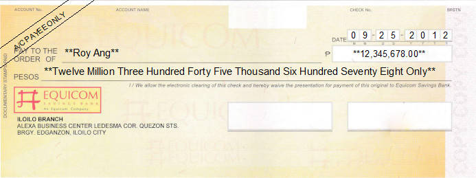Printed Cheque of Equicom Savings Bank in Philippines Printed Cheque of Equicom Savings Bank in Philippines