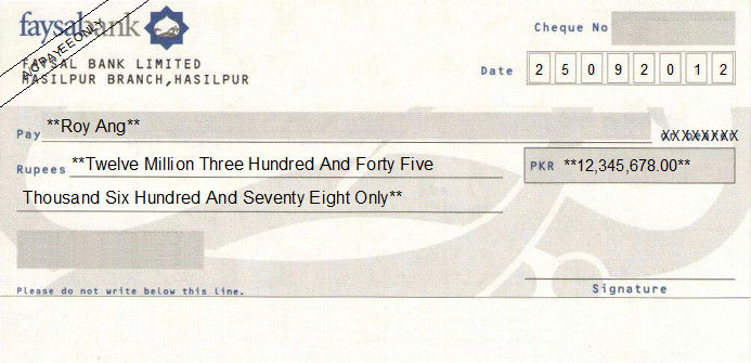 Printed Cheque of Faysal Bank in Pakistan Printed Cheque of Faysal Bank in Pakistan