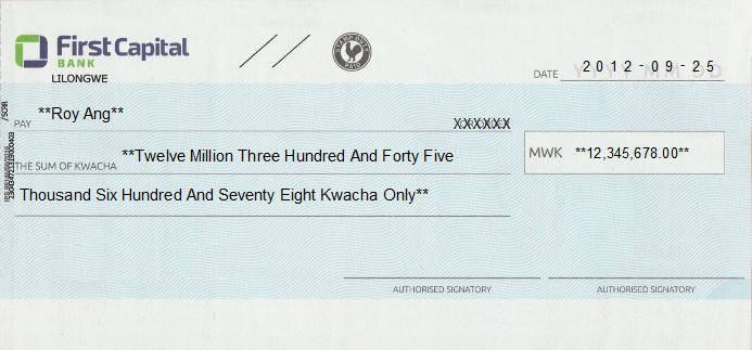 Printed Cheque of First Capital Bank in Malawi Printed Cheque of First Capital Bank in Malawi