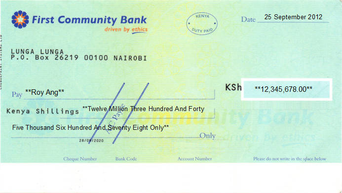 Printed Cheque of First Community Bank in Kenya Printed Cheque of First Community Bank in Kenya