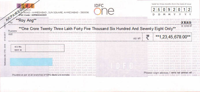Printed Cheque of IDFC Bank (ONE) in India Printed Cheque of IDFC Bank (ONE) in India