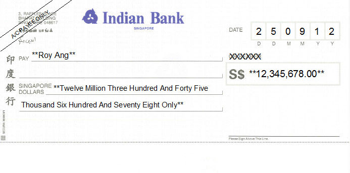 Printed Cheque of Indian Bank Singapore Printed Cheque of Indian Bank Singapore