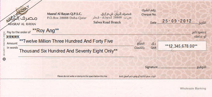 Printed Cheque of Masraf Al Rayan Bank - Wholesale Banking in Qatar Printed Cheque of Masraf Al Rayan Bank - Wholesale Banking in Qatar
