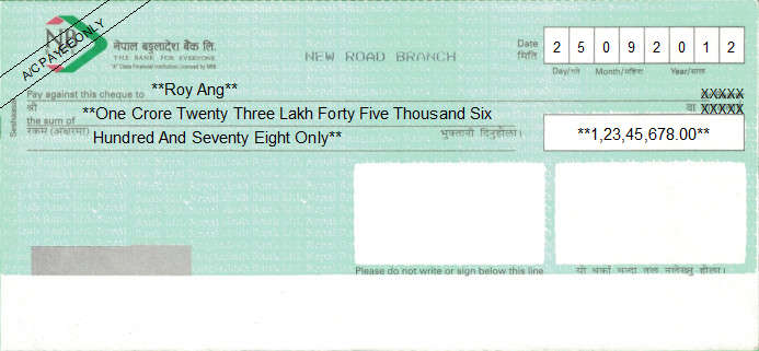 Printed Cheque of NB Bank (Nepal Bangladesh Bank) in Nepal
