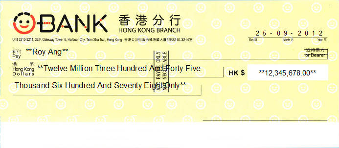 Printed Cheque of O-Bank - 王道銀行 in Hong Kong Printed Cheque of O-Bank - 王道銀行 in Hong Kong