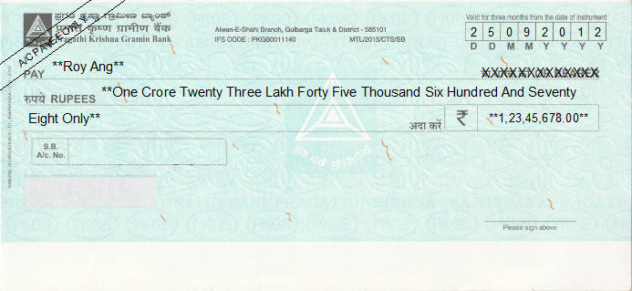 Printed Cheque of Pragathi Krishna Gramin Bank in India Printed Cheque of Pragathi Krishna Gramin Bank in India