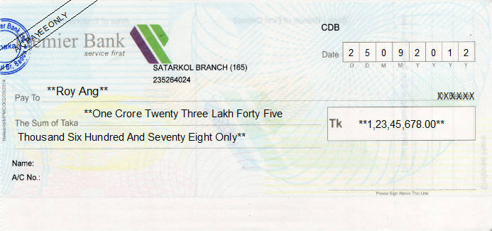 Printed Cheque of Premier Bank in Bangladesh Printed Cheque of Premier Bank in Bangladesh