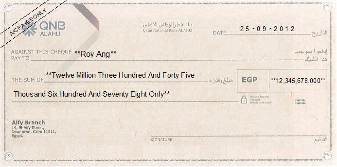Printed Cheque of QNB ALAHLI in Egypt