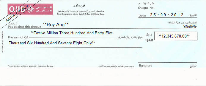 Printed Cheque of Qatar International Islamic Bank (QIIB) in Qatar Printed Cheque of Qatar International Islamic Bank (QIIB) in Qatar