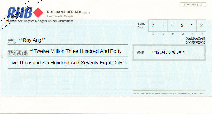 Printed Cheque of RHB Bank in Brunei Printed Cheque of RHB Bank in Brunei