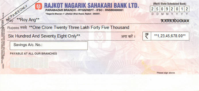 Printed Cheque of Rajkot Nagarik Sahakari Bank in India Printed Cheque of Rajkot Nagarik Sahakari Bank in India