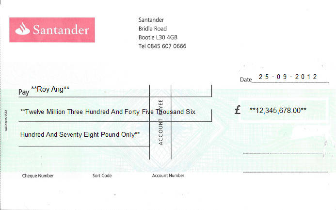 Printed Cheque of Santander Bank in United Kingdom Printed Cheque of Santander Bank in United Kingdom