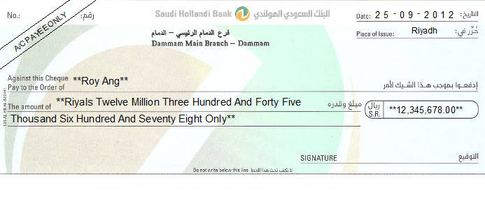 Printed Cheque of Saudi Hollandi Bank in Saudi Arabia Printed Cheque of Saudi Hollandi Bank in Saudi Arabia