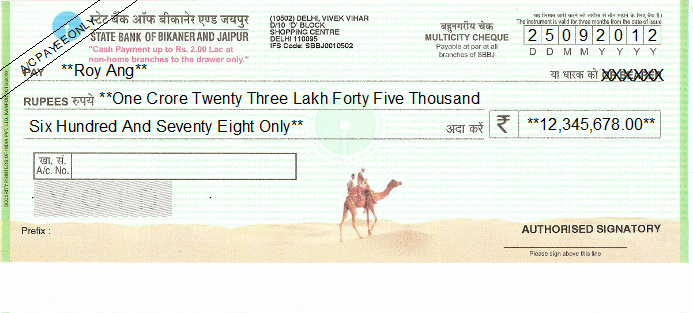 Printed Cheque of State Bank of Bikaner and Jaipur India Printed Cheque of State Bank of Bikaner and Jaipur India