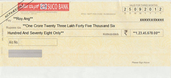 Printed Cheque of Suco Bank in India Printed Cheque of Suco Bank in India