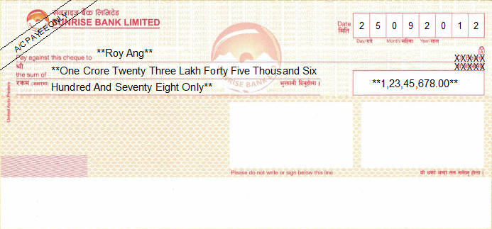 Printed Cheque of Sunrise Bank in Nepal