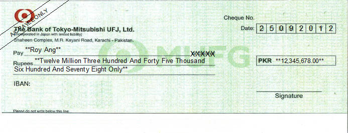 Printed Cheque of The Bank of Tokyo-Mitsubishi UFJ in Pakistan Printed Cheque of The Bank of Tokyo-Mitsubishi UFJ in Pakistan