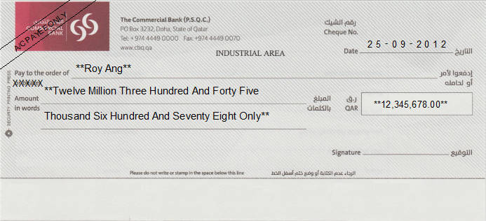 Printed Cheque of The Commercial Bank - Corporate Banking in Qatar