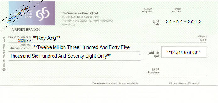 Printed Cheque of The Commercial Bank in Qatar