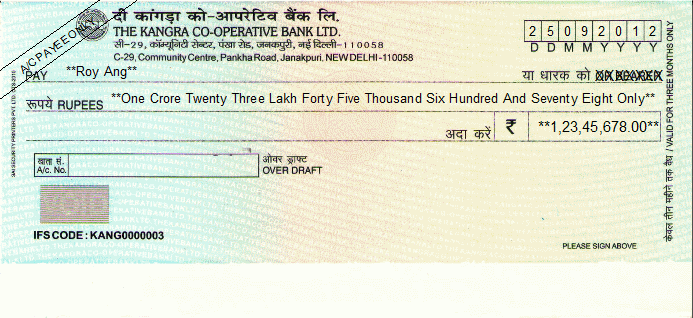 Printed Cheque of The Kangra Co-operative Bank India (Overdraft A/C) Printed Cheque of The Kangra Co-operative Bank India (Overdraft A/C)