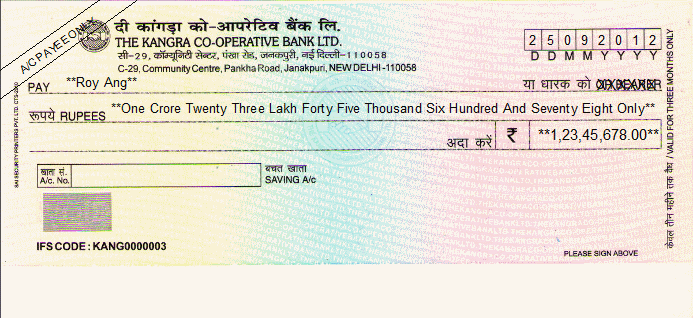 Printed Cheque of The Kangra Co-operative Bank India (Savings A/C) Printed Cheque of The Kangra Co-operative Bank India (Savings A/C)