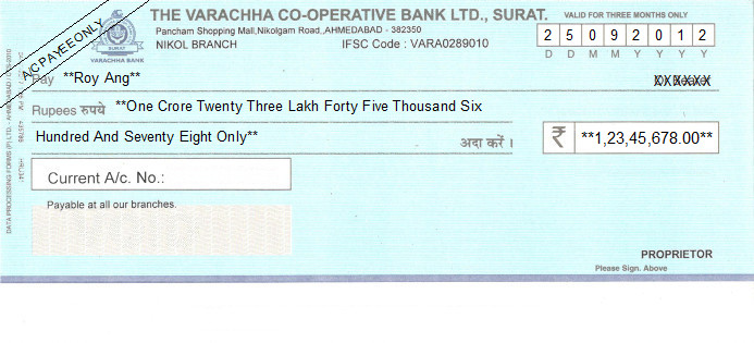 Printed Cheque of The Varachha Co-operative Bank Surat in India Printed Cheque of The Varachha Co-operative Bank Surat in India