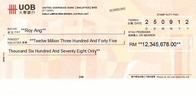 Printed Cheque of United Overseas Bank in Malaysia Printed Cheque of United Overseas Bank in Malaysia