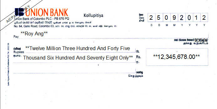 Printed Cheque of Union Bank in Sri Lanka Printed Cheque of Union Bank in Sri Lanka