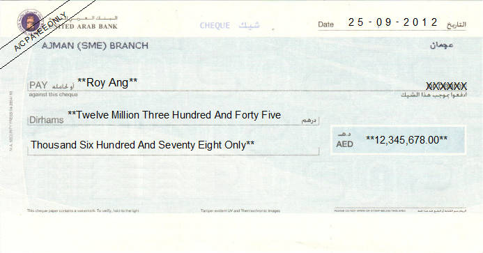 Printed Cheque of United Arab Bank UAE Printed Cheque of United Arab Bank UAE