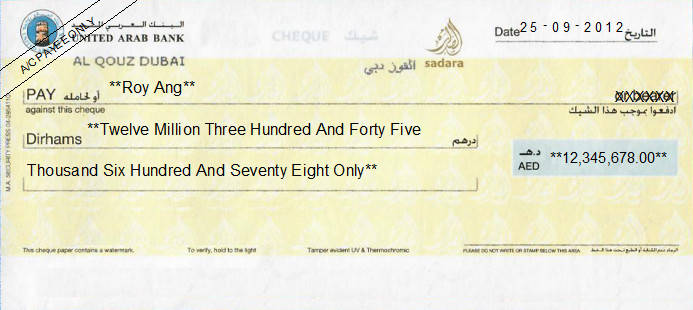 Printed Cheque of United Arab Bank (Personal) UAE Printed Cheque of United Arab Bank (Personal) UAE