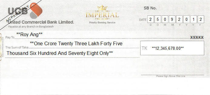 Printed Cheque of United Commercial Bank (UCB) - Imperial in Bangladesh Printed Cheque of United Commercial Bank (UCB) - Imperial in Bangladesh