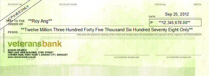 Printed Cheque of Veterans Bank in Philippines Printed Cheque of Veterans Bank in Philippines