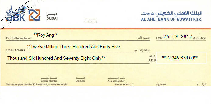 Printed Cheque of ABK Dubai - Al Ahli Bank of Kuwait in UAE Printed Cheque of ABK Dubai - Al Ahli Bank of Kuwait in UAE