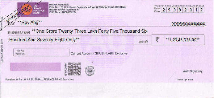 Printed Cheque of AU Small Finance Bank in India Printed Cheque of AU Small Finance Bank in India