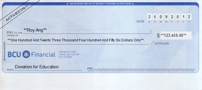 Printed Cheque of BCU Financial in Canada Printed Cheque of BCU Financial in Canada