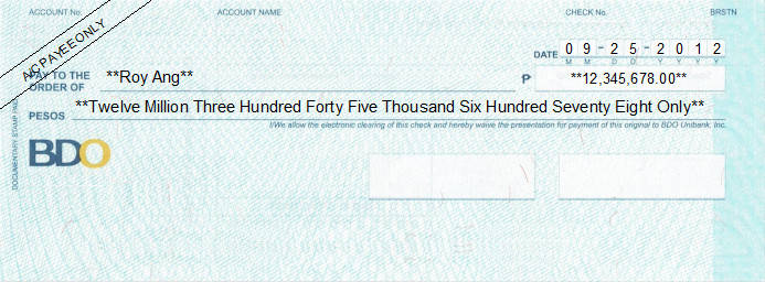 Printed Cheque of BDO Bank - Banco de Oro in Philippines Printed Cheque of BDO Bank - Banco de Oro in Philippines