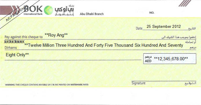 Printed Cheque of BOK International Bank in UAE Printed Cheque of BOK International Bank in UAE