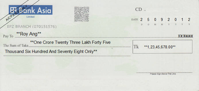 Printed Cheque of Bank Asia in Bangladesh Printed Cheque of Bank Asia in Bangladesh