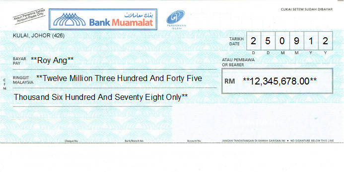 Printed Cheque of Bank Muamalat in Malaysia Printed Cheque of Bank Muamalat in Malaysia