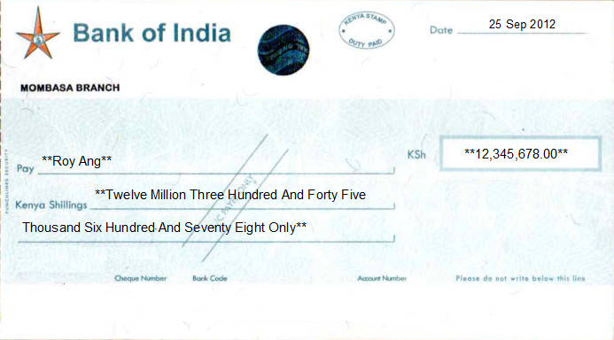 Printed Cheque of Bank of India in Kenya Printed Cheque of Bank of India in Kenya
