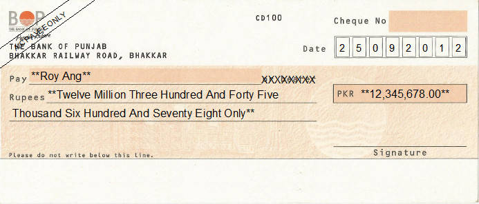 Printed Cheque of The Bank of Punjab (BOP) Pakistan Printed Cheque of The Bank of Punjab (BOP) Pakistan