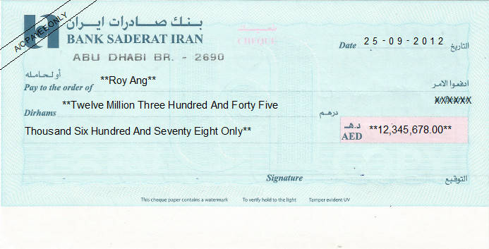 Printed Cheque of Bank Saderat Iran in UAE Printed Cheque of Bank Saderat Iran in UAE