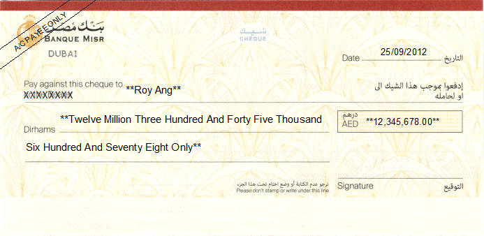 Printed Cheque of Banque Misr in UAE Printed Cheque of Banque Misr in UAE