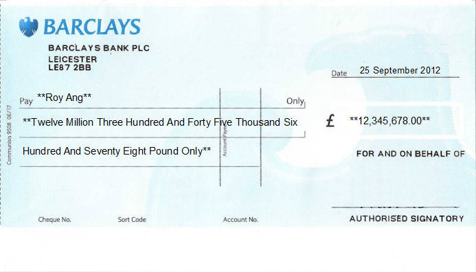 Printed Cheque of Barclays Bank in United Kingdom Printed Cheque of Barclays Bank in United Kingdom