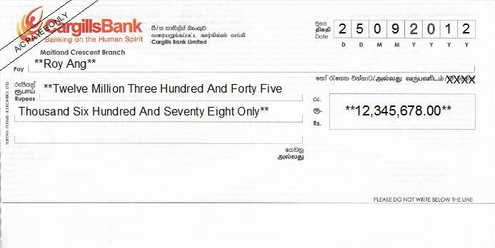 Printed Cheque of Cargills Bank in Sri Lanka Printed Cheque of Cargills Bank in Sri Lanka