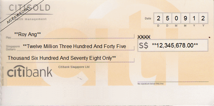 Printed Cheque of Citibank Citigold Singapore Printed Cheque of Citibank Citigold Singapore