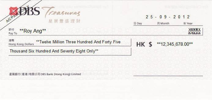 Printed Cheque of DBS Bank - Treasures Hong Kong (香港星展銀行) Printed Cheque of DBS Bank - Treasures Hong Kong (香港星展銀行)